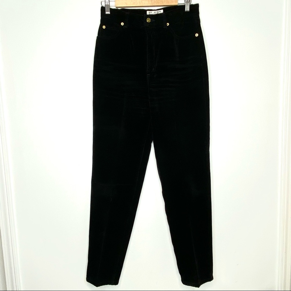 St. John Size 10 Black Velour Velvet Pants Gold Hardware 30” Inseam